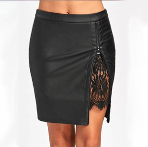 Faux Leather Slit Lace Detail Mini Skirt