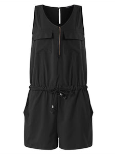 Sleeveless Casual Front Zipper Romper with Pockets