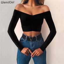Load image into Gallery viewer, Off The Shoulder Ruched Long Sleeve Crop Top