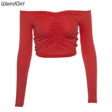 Load image into Gallery viewer, Off The Shoulder Ruched Long Sleeve Crop Top