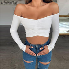 Load image into Gallery viewer, Off The Shoulder Ruched Long Sleeve Crop Top