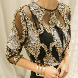 Beaded Sequins Embroidery Sheer Blouse Top