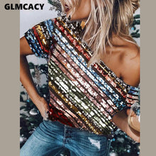 Load image into Gallery viewer, Skew Neck Short Sleeve Striped Sequined Shirt