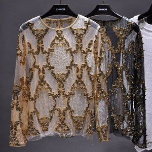 Beaded Sequins Embroidery Sheer Blouse Top
