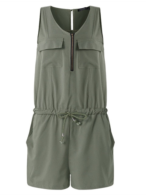 Sleeveless Casual Front Zipper Romper with Pockets