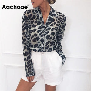 Long Sleeve Leopard Print Collared Blouse