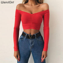 Load image into Gallery viewer, Off The Shoulder Ruched Long Sleeve Crop Top