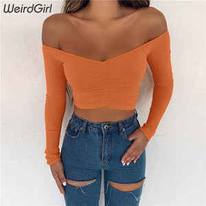 Off The Shoulder Ruched Long Sleeve Crop Top