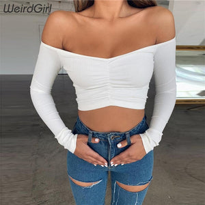 Off The Shoulder Ruched Long Sleeve Crop Top