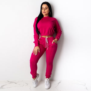 Long Sleeve Crop Top Pullover Drawstring Tracksuit Two Piece Matching Set