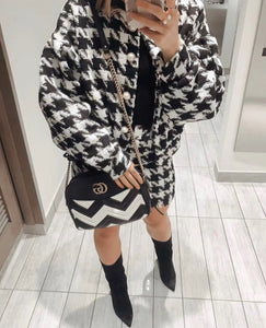 Two Piece Matching Plaid Set Pearl Button Jacket With Mini Skirt