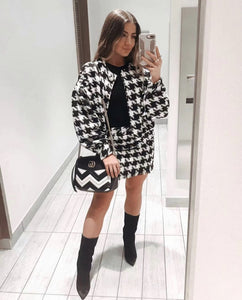 Two Piece Matching Plaid Set Pearl Button Jacket With Mini Skirt